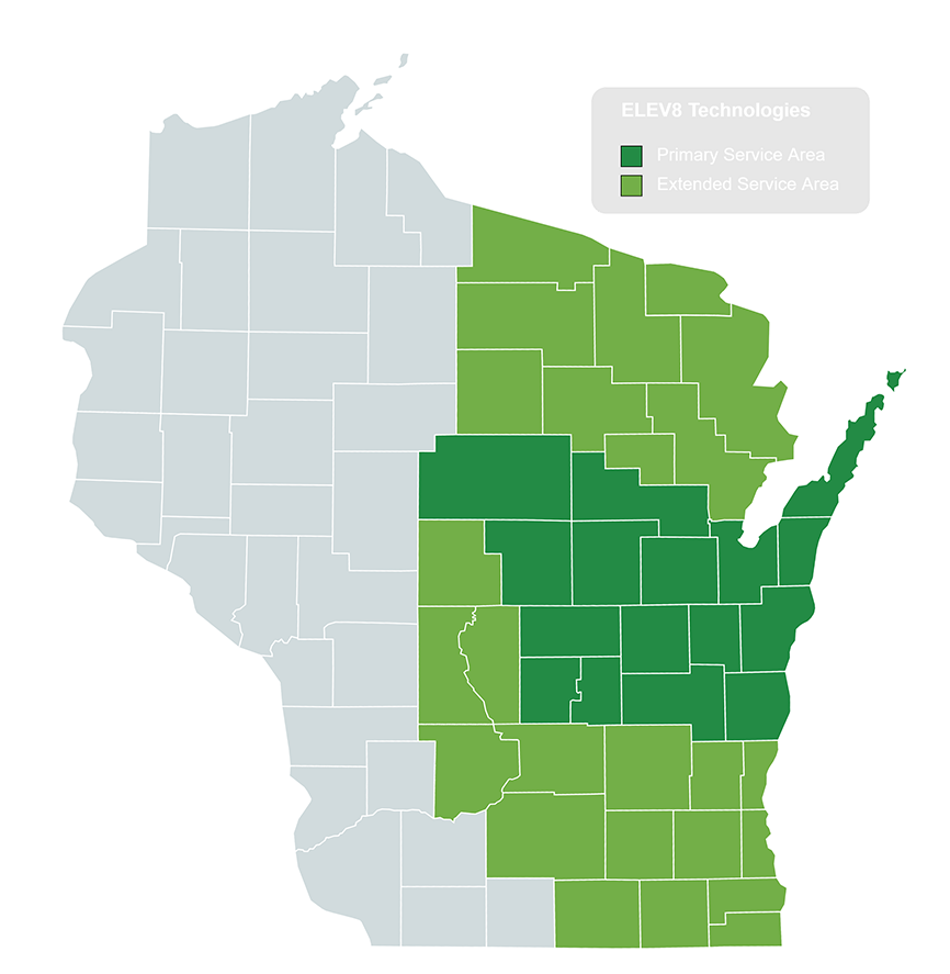 Map of Wisconsin highlighting ELEV8's service area. Too much detail to list. Please contact us if you have any questions.